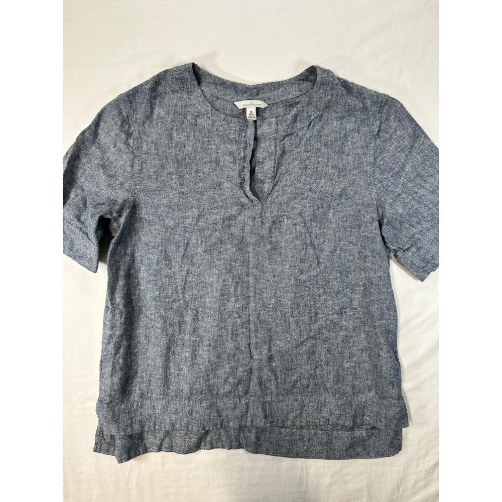 LL Bean Signature Lagenlook Quiet Luxury Women M Blue Linen Blend Blouse